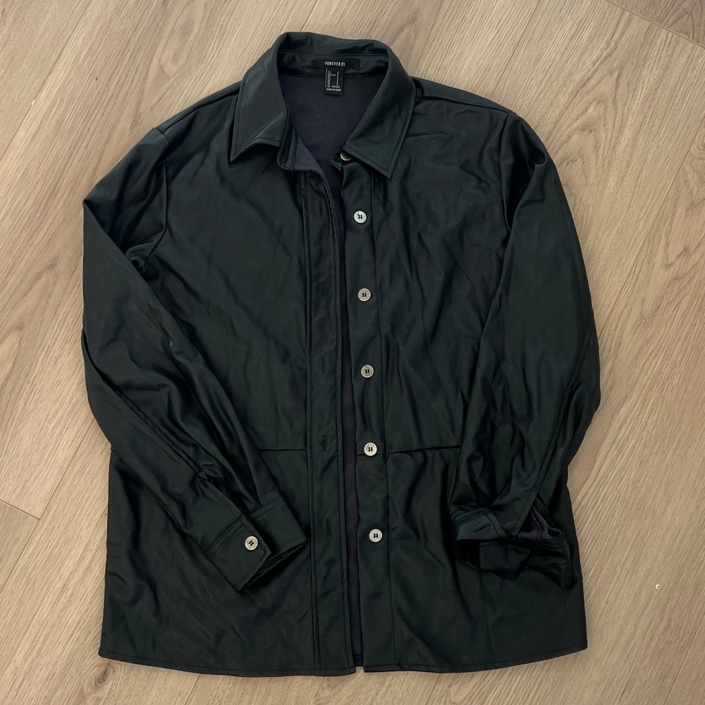 Black Faux Leather Button Front Jacket – Size S